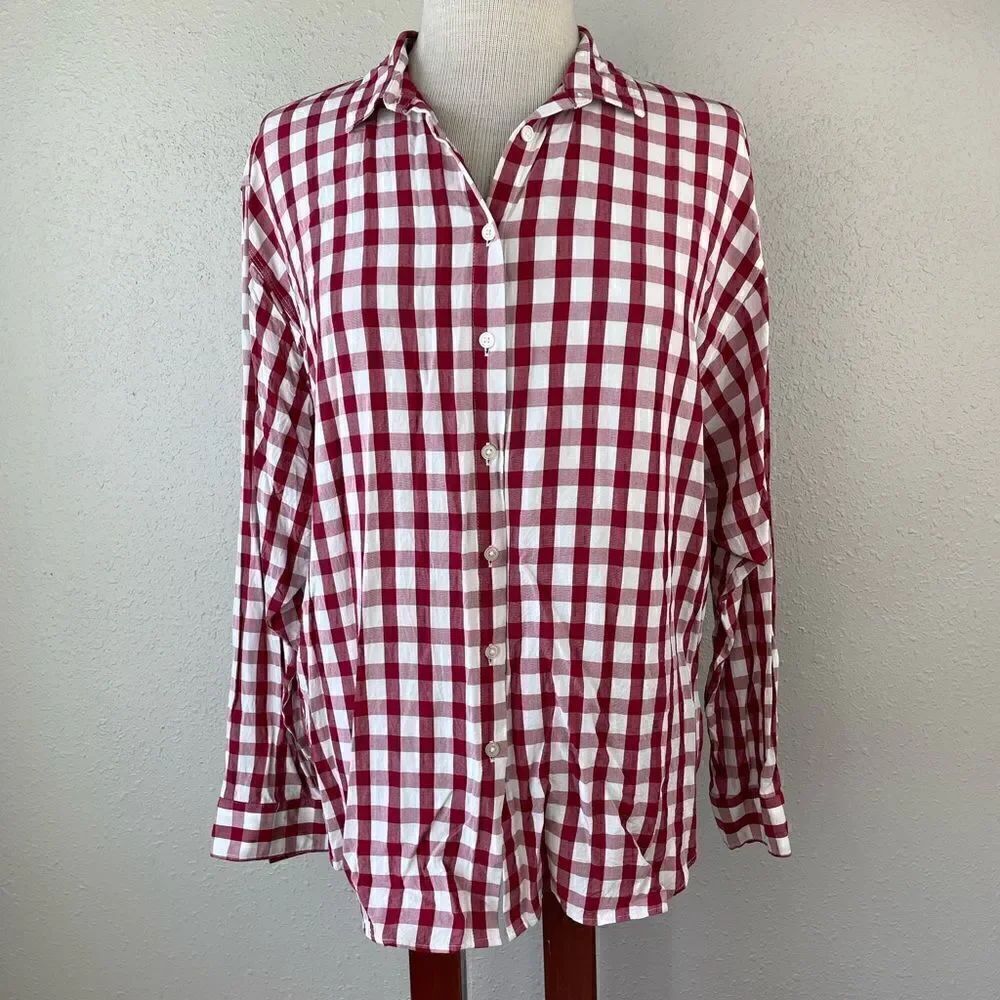 LOFT Red Plaid Button Down Shirt Size M EUC